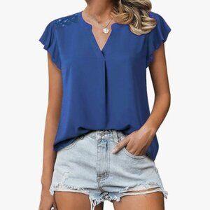 GAHARU (XL) Navy Blue Dark Notch V-Neck Lace Flutter Sleeve Chiffon Loose Top